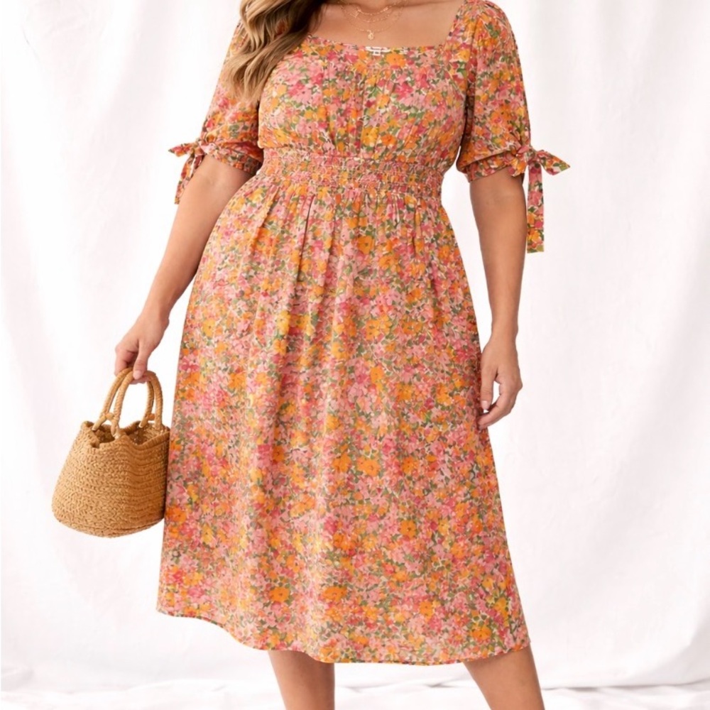 Floral Tie-Sleeve Midi Dress - Pink Multi